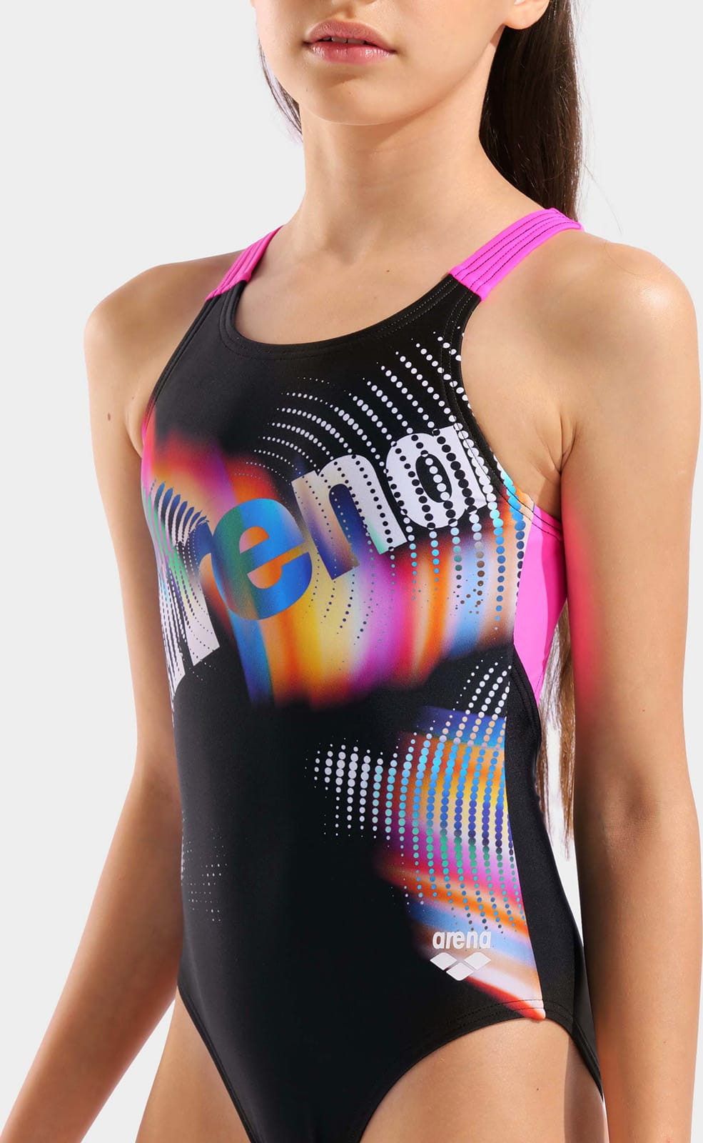 Купальник для дівчаток Arena LIT LOGO SWIMSUIT V BACK L чорний, рожевий 152 см (010690-590) 010690-590