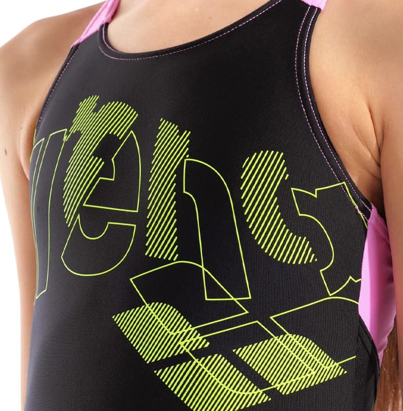 Купальник закритий для дівчат Arena TALES SWIMSUIT V BACK чорний, жовтий, рожевий дитячий 116 см (00 009085-590