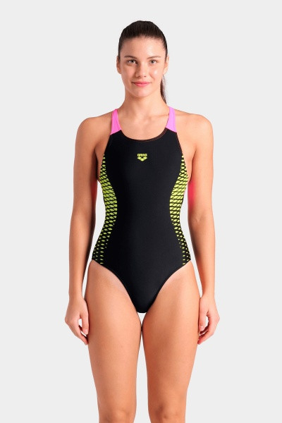 Купальник закритий для жінок Arena OPENINGS SWIMSUIT V BACK LB чорно-салатовий Жін 36 008063-590
