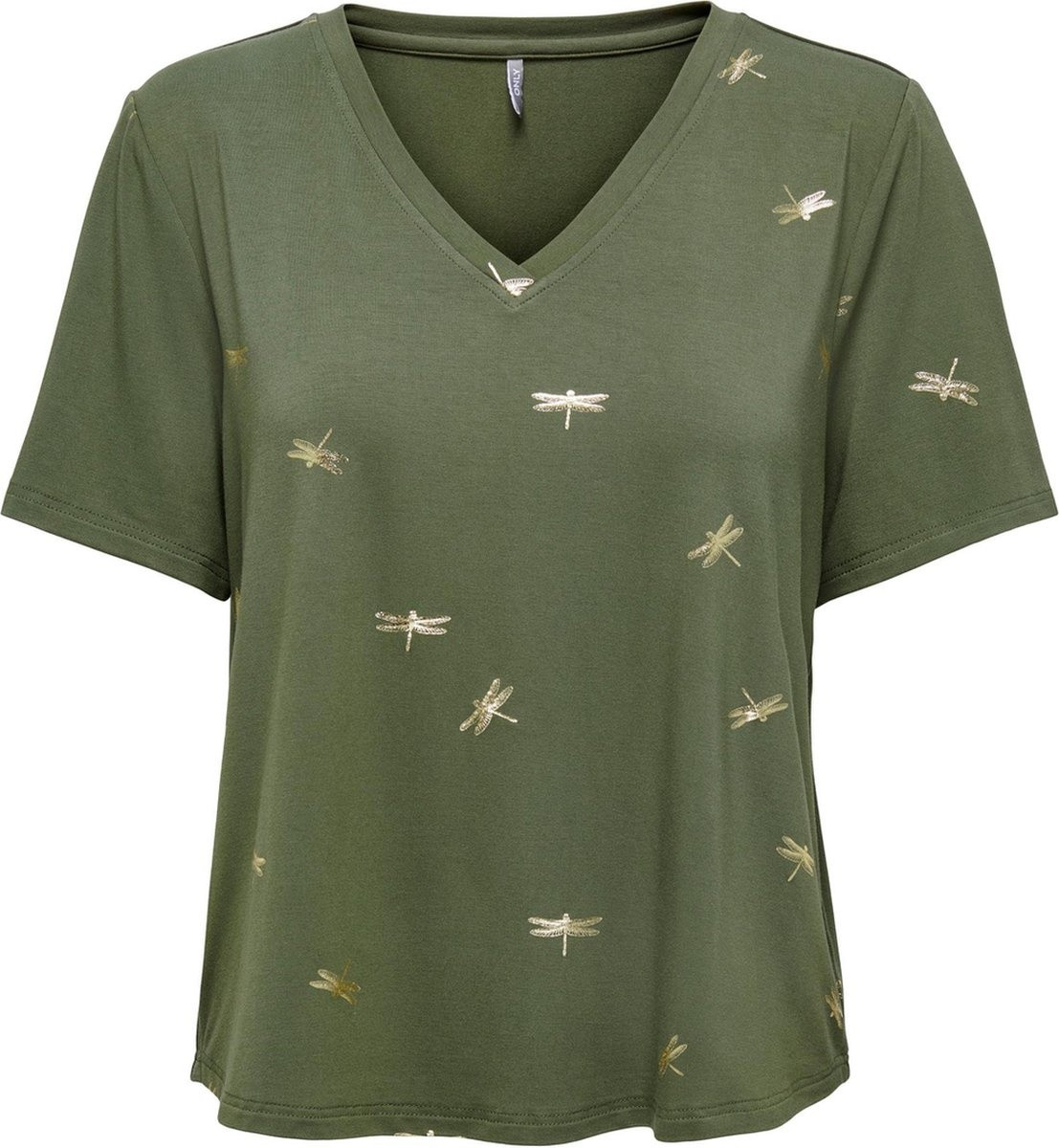 Футболка ONLFLORA S/S FOIL TOP JRS 15273576-Olive Night-Detail:Gun metal foil ONLY L Хакі 15273576-Olive Night-Deta