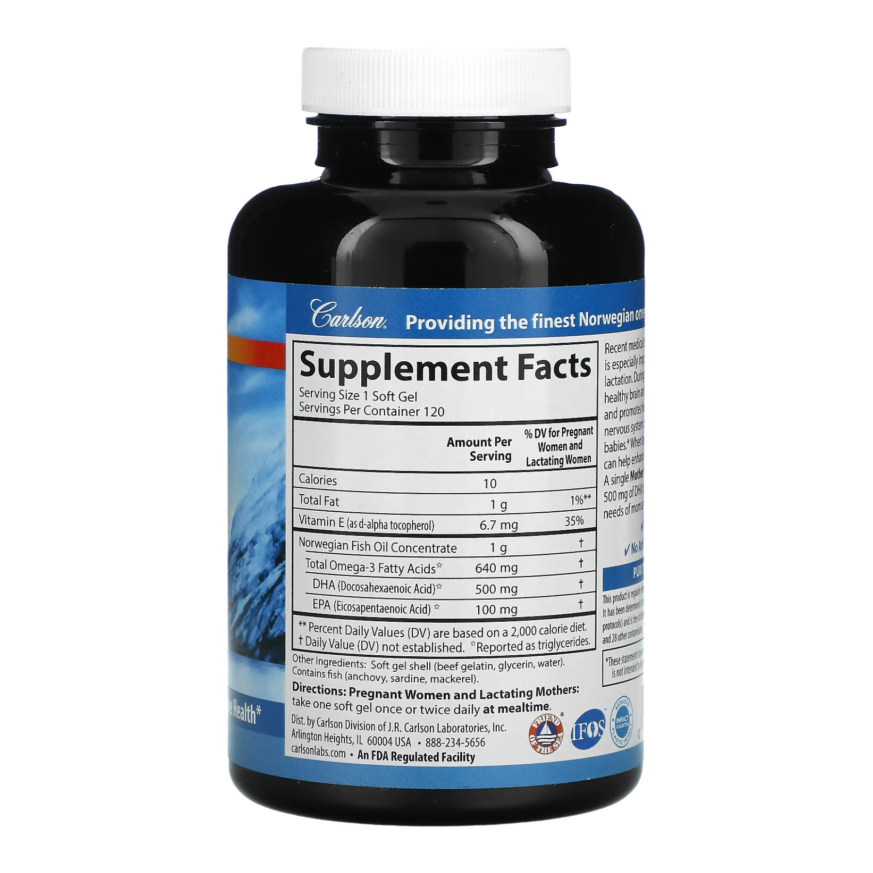 Софт гелеві капсули Carlson Laboratories Mother's DHA 500mg - 120 softgels 2023-10-3890