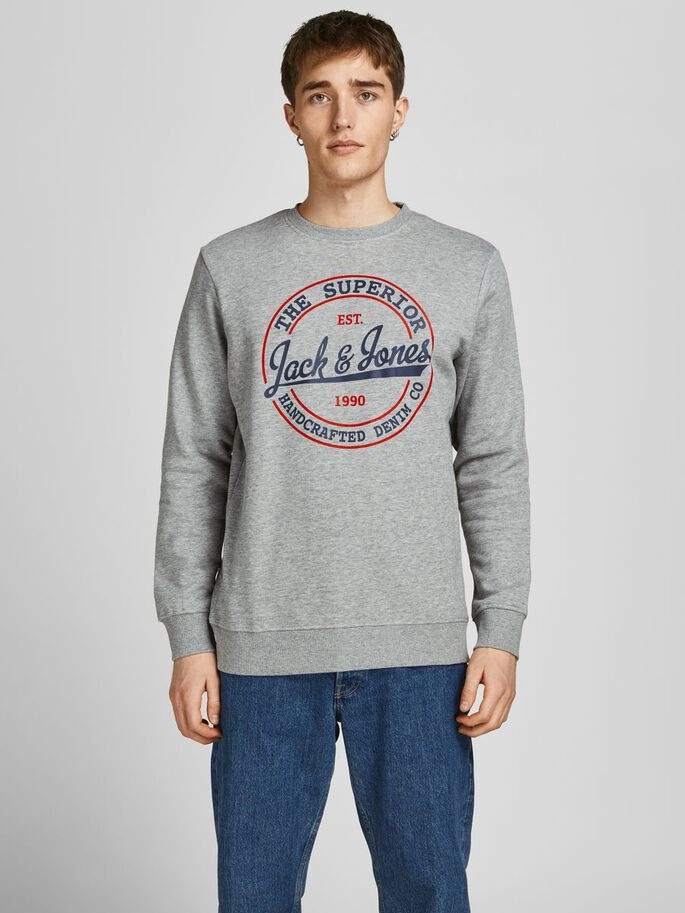Толстовка JJBRAT SWEAT CREW NECK 12201404-Light Grey Melange-Print:Navy Blazer Jack&Jones XXL Сірий 12201404-Light Grey Melan