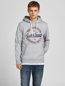 Толстовка JJBRAT SWEAT HOOD 12201406-Light Grey Melange-Print:Navy Blazer. Tru Jack&Jones L Сірий 12201406-LIGHT GREY MELAN