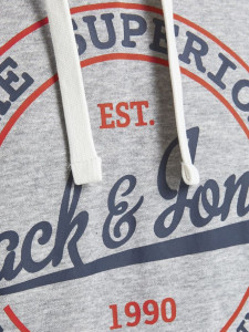 Толстовка JJBRAT SWEAT HOOD 12201406-Light Grey Melange-Print:Navy Blazer. Tru Jack&Jones L Сірий 12201406-LIGHT GREY MELAN