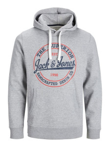 Толстовка JJBRAT SWEAT HOOD 12201406-Light Grey Melange-Print:Navy Blazer. Tru Jack&Jones L Сірий 12201406-LIGHT GREY MELAN