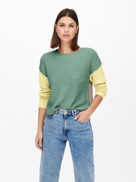 Пуловер ONLNICCI L/S BLOCK PULLOVER EX KNT 15257294-Creme De Menthe-Detail:PASTEL YELLOW/ROSE ONLY L 15257294-Creme De Menthe-