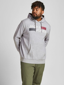 Толстовка JJECORP LOGO SWEAT HOOD NOOS PS 12163777-Light Grey Melange-Print:PLAY Jack&Jones PLUS 12163777-LIGHT GREY MELAN