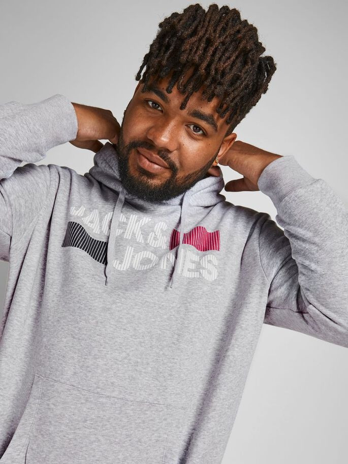 Толстовка JJECORP LOGO SWEAT HOOD NOOS PS 12163777-Light Grey Melange-Print:PLAY Jack&Jones PLUS 3XL 12163777-LIGHT GREY MELAN