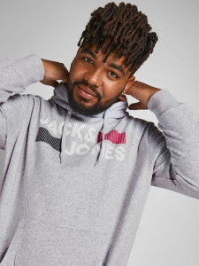 Толстовка JJECORP LOGO SWEAT HOOD NOOS PS 12163777-Light Grey Melange-Print:PLAY Jack&Jones PLUS 12163777-LIGHT GREY MELAN