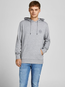 Толстовка JJESHARK SWEAT HOOD NOOS 12205081-Light Grey Melange-Print:Navy Blazer Jack&Jones XXL Сіри 12205081-LIGHT GREY MELAN