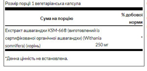 Капсули Ultimate Ashwagandha 250 mg - 60veg caps 100-36-2149892-20