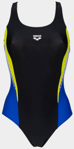 Купальник закритий для жінок Arena THREEFOLD V BACK ONE PIECE R чорний, жовтий, блакитний Жін 36 006483-780