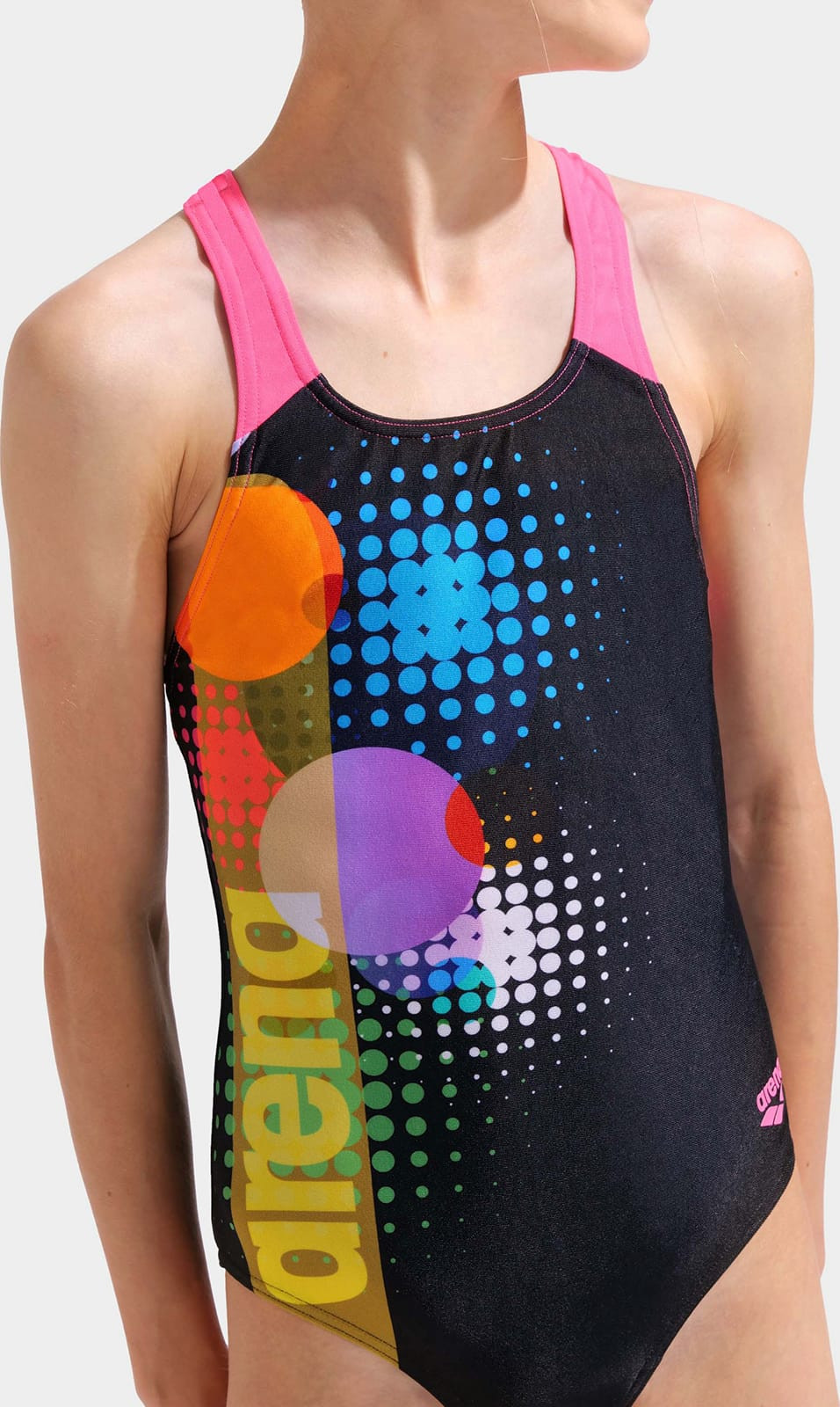 Купальник закритий для дівчат Arena DOTS SWIMSUIT SWIM PRO BACK чорний, рожевий Діт 152 см 010745-559