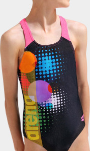 Купальник закритий для дівчат Arena DOTS SWIMSUIT SWIM PRO BACK чорний, рожевий Діт 152 см 010745-559