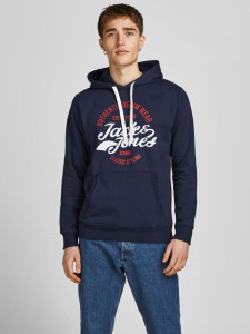 Толстовка JJBRAT SWEAT HOOD 12201406-Navy Blazer-Print:True Red. White Jack&Jones S Темно-синій 12201406-NAVY BLAZER-PRIN