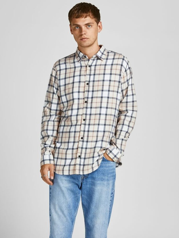 Сорочка JORBLASTER CHECK TWILL SHIRT LS 12195943-Blanc de Blanc-Checks:/SLIM FIT Jack&Jones M Бежеви 12195943-Blanc de Blanc-C