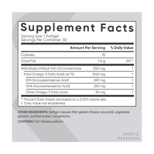 Софт гелеві капсули Sport Research Omega-3 Fish Oil Alaska Pollock 1250mg - 30 softgels 2023-10-3443