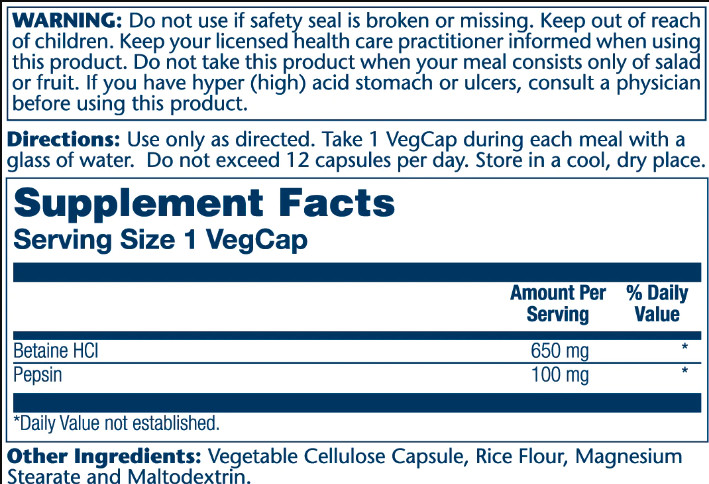 Капсули High Potency Betain HCl with Pepsin 650mg - 100 vcaps 2022-10-1029