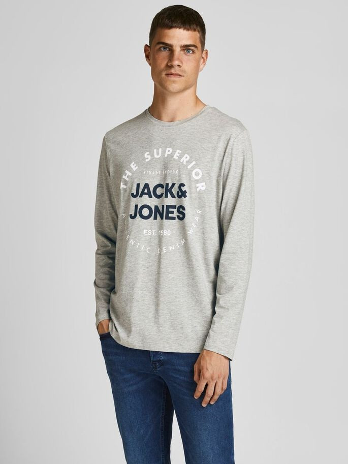 Футболка з довгими рукавами JJHERRO TEE LS CREW NECK 12188712-Light Grey Melange-Fit:REG Jack&Jones  12188712-LIGHT GREY MELAN