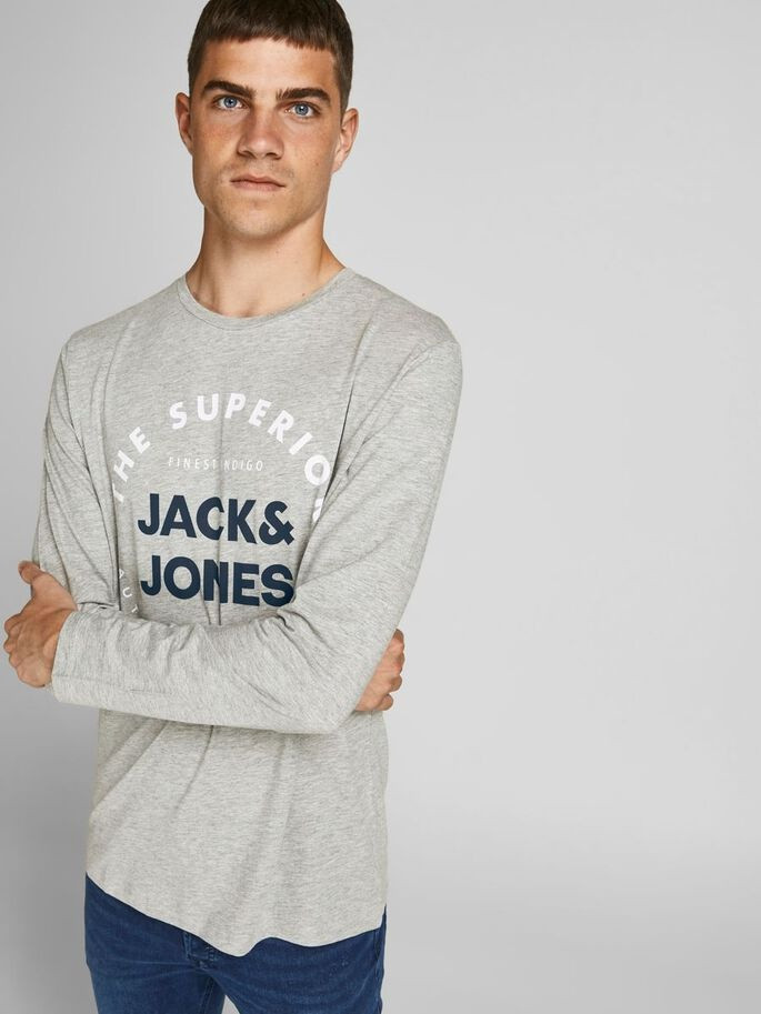 Футболка з довгими рукавами JJHERRO TEE LS CREW NECK 12188712-Light Grey Melange-Fit:REG Jack&Jones  12188712-LIGHT GREY MELAN