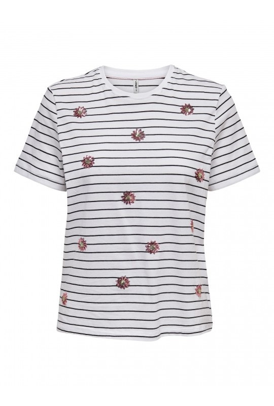 Футболка ONLKITA REG S/S LEFLEUR TOP BOX JRS 15254498-Bright White-Stripes:BLACK + PRINT FLOWER ONLY 15254498-Bright White-Str