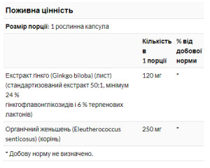 Капсули Ginkgo Biloba 120mg - 50 vcaps 100-76-3642007-20