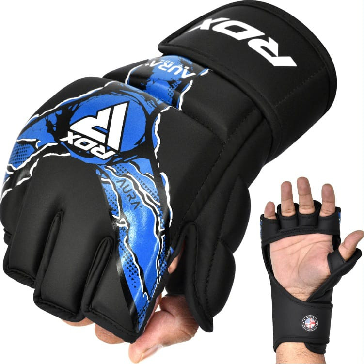 Рукавиці тренувальні RDX GRAPPLING GLOVES NEW AURA F17 чорний, синій Уні M GGR-F17BU