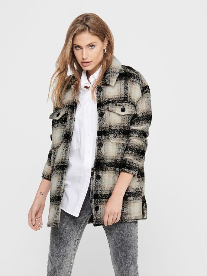 Куртка ONLALLISON CHECK SHACKET OTW NOOS 15210562-Pumice Stone-Checks: BLACK ONLY L Бежевий 15210562-Pumice Stone-Che