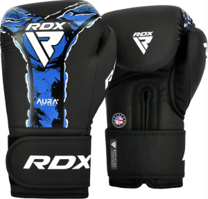 Рукавиці боксерські RDX BOXING GLOVES NEW AURA F17 чорний, синій Уні 12 унцій BGR-F17BU