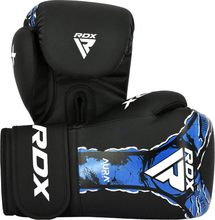Рукавиці боксерські RDX BOXING GLOVES NEW AURA F17 чорний, синій Уні 12 унцій BGR-F17BU