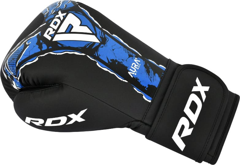 Рукавиці боксерські RDX BOXING GLOVES NEW AURA F17 чорний, синій Уні 12 унцій BGR-F17BU