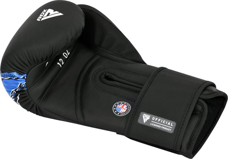Рукавиці боксерські RDX BOXING GLOVES NEW AURA F17 чорний, синій Уні 12 унцій BGR-F17BU